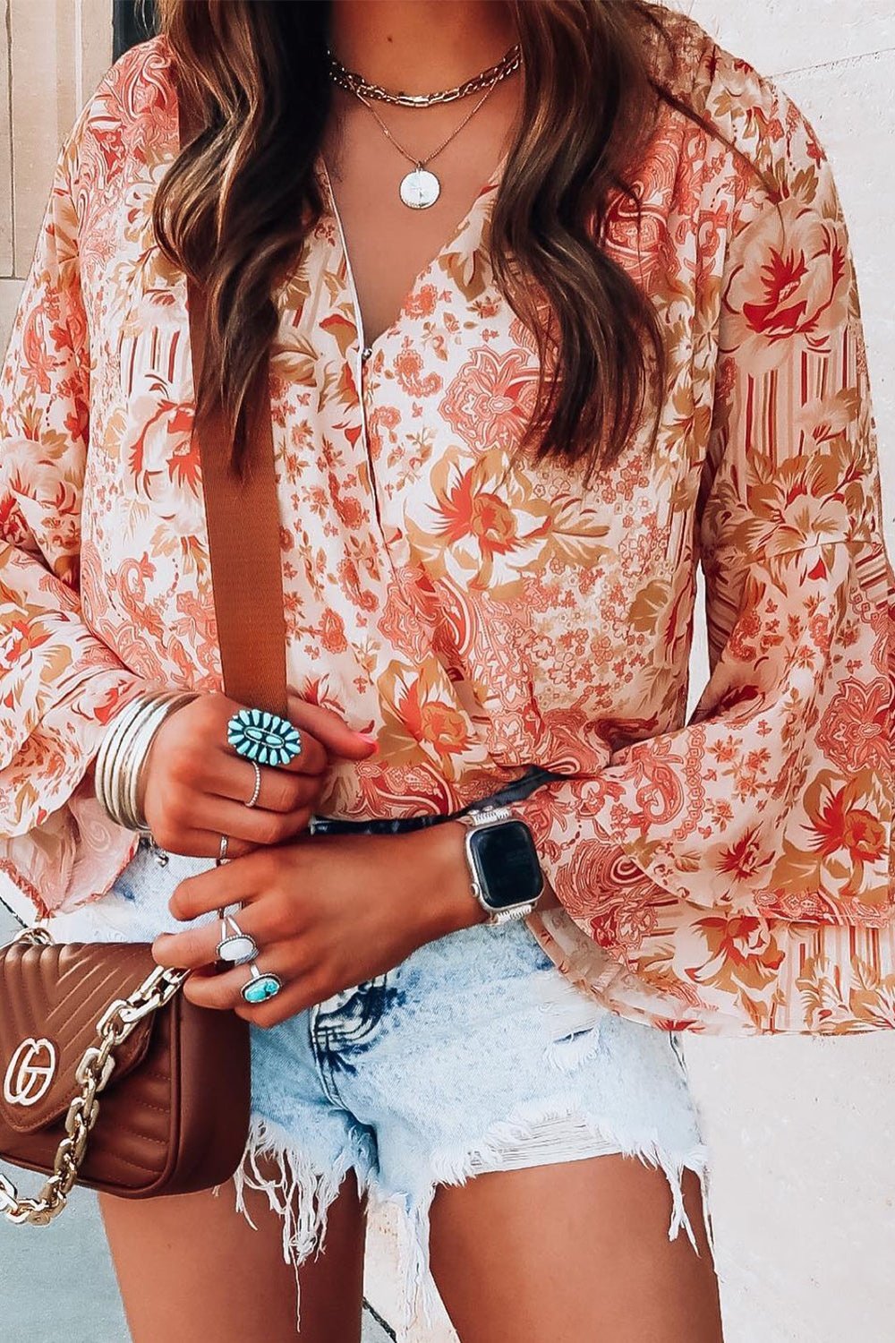 Floral Surplice Flare Sleeve Bodysuit - Bodysuits - FITGGINS