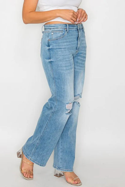 bytos Full Size Distressed High Rise Straight Jeans Fitggins