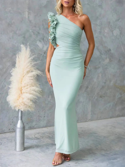 One-Shoulder Floral Trim Sleeveless Maxi Dress Fitggins