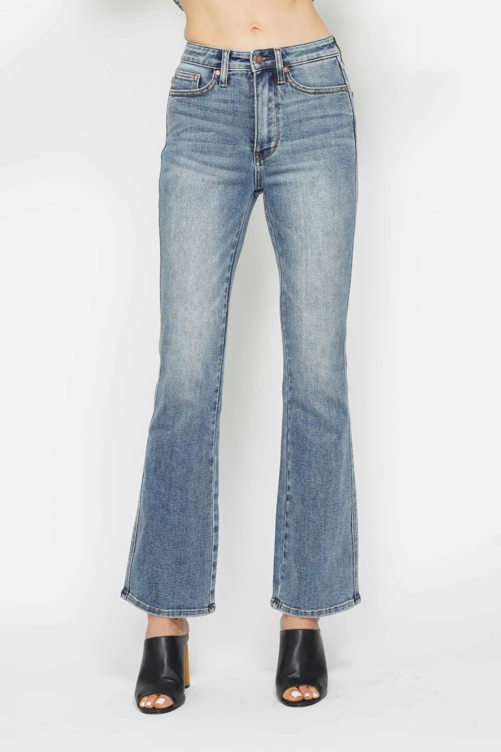 Judy Blue Full Size Tummy Control Back Embroidered Pocketed Bootcut Jeans Plus Size REG INSEAM Fitggins