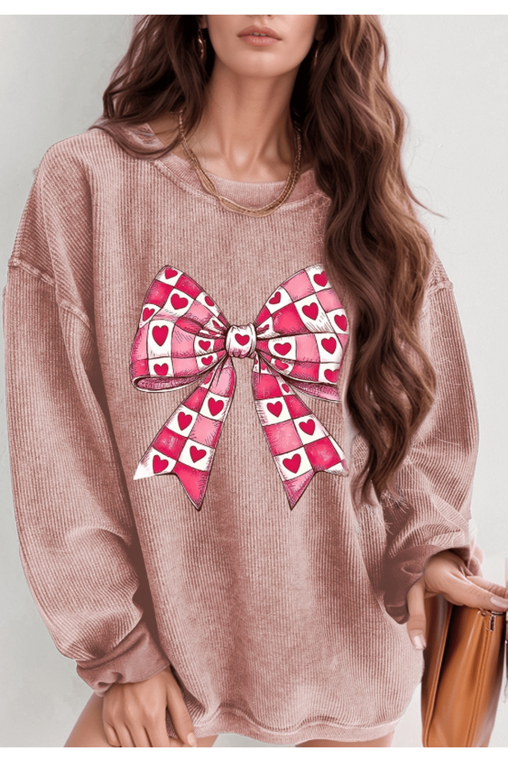 Valentine’s Day Bow Drop Shoulder Long Sleeve Sweatshirt - Sweatshirts & Hoodies - FITGGINS