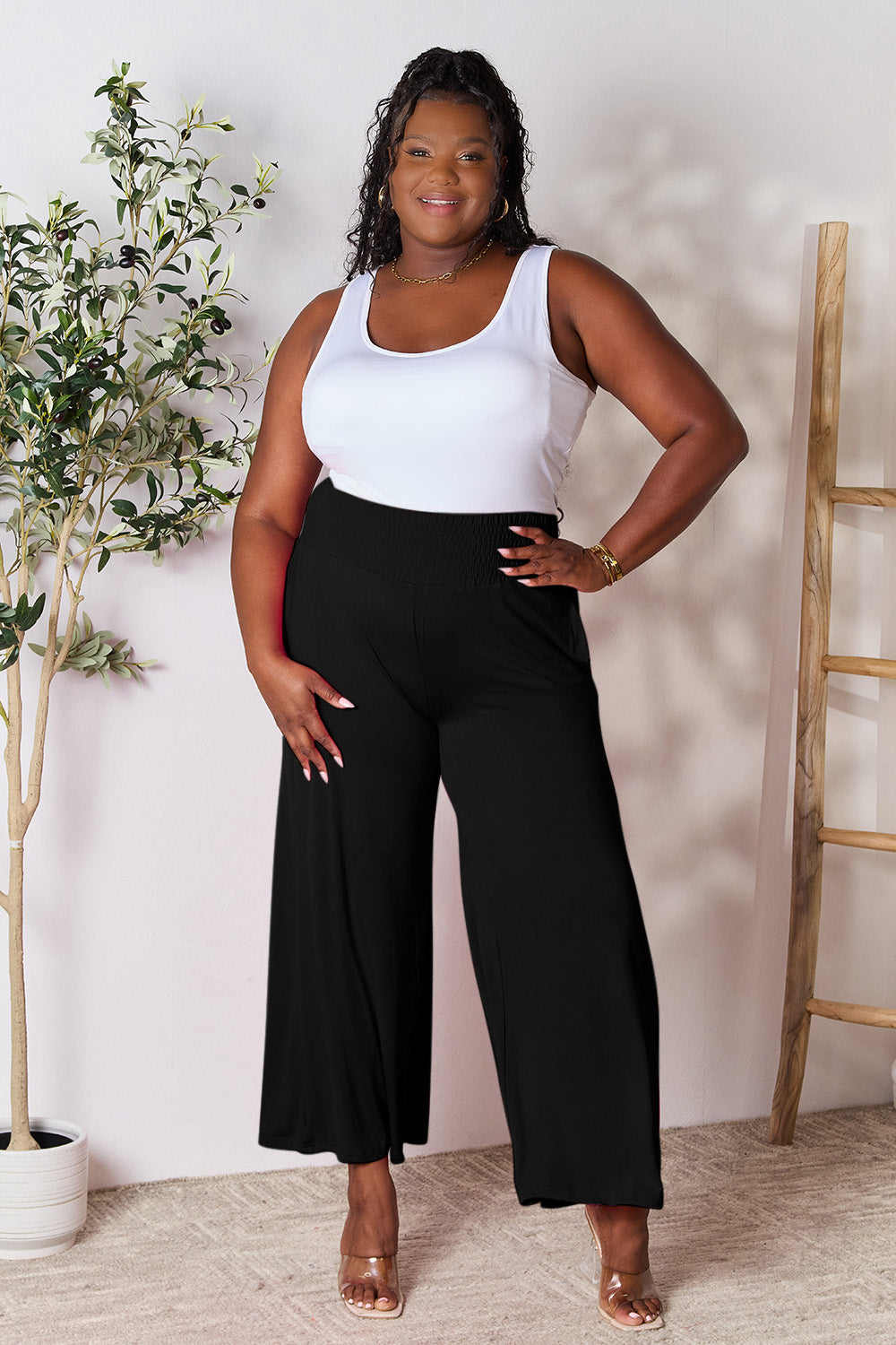 Double Take Full Size Smocked Wide Waistband Wide Leg Pants - Pants - FITGGINS