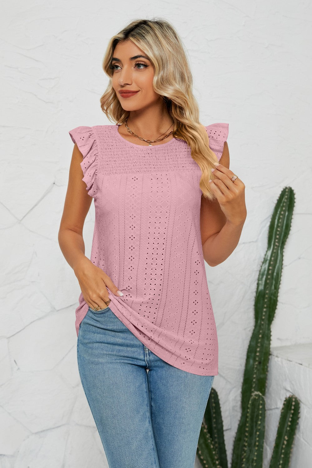 Smocked Round Neck Eyelet Top Pink Purple Fitggins