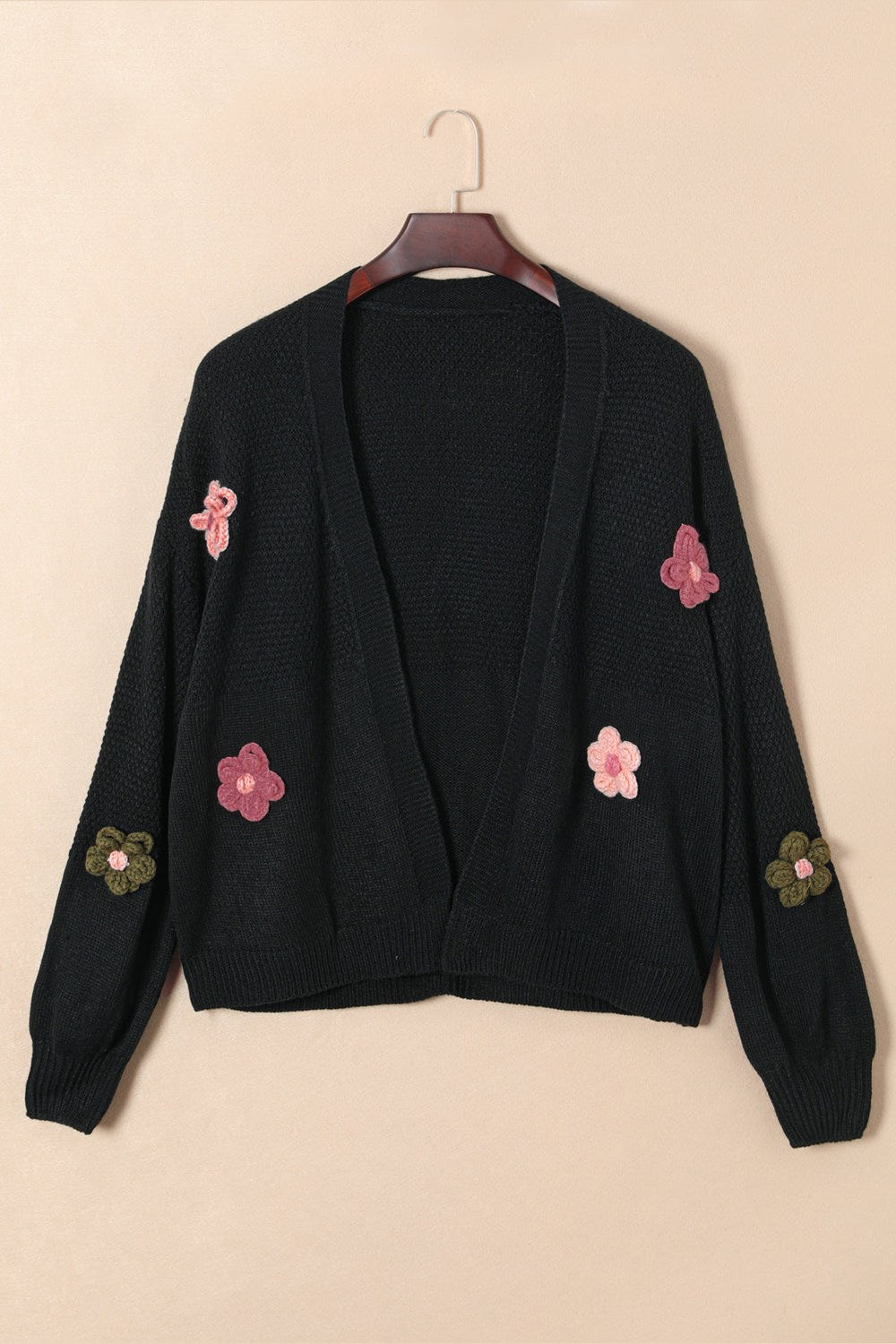 Floral Applique Drop Shoulder Open Front Cardigan - Cardigans - FITGGINS