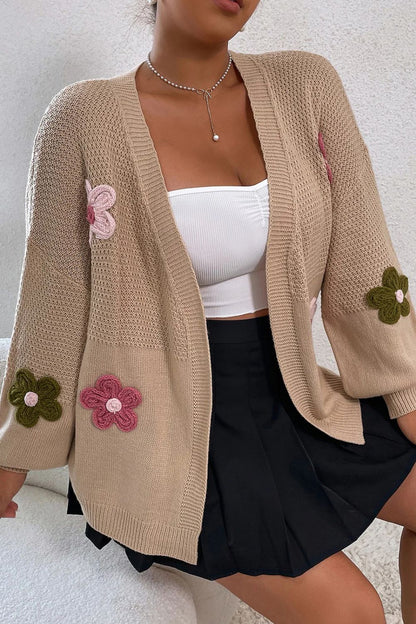 Floral Applique Drop Shoulder Open Front Cardigan - Cardigans - FITGGINS