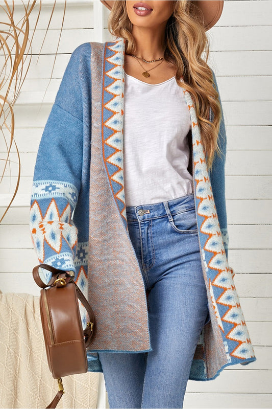 Geometric Open Front Long Sleeve Cardigan - Cardigans - FITGGINS