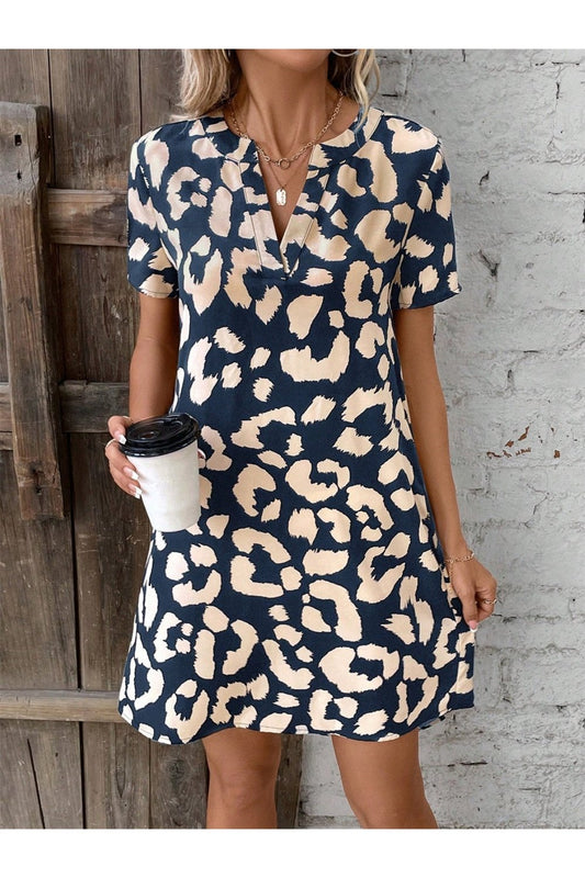 Printed Notched Short Sleeve Mini Dress - Casual & Maxi Dresses - FITGGINS