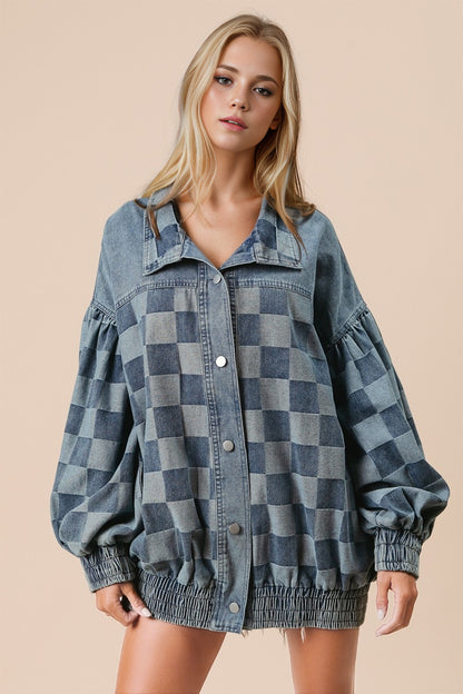 Double Take Checkered Button Up Denim Jacket - Denim Jackets - FITGGINS