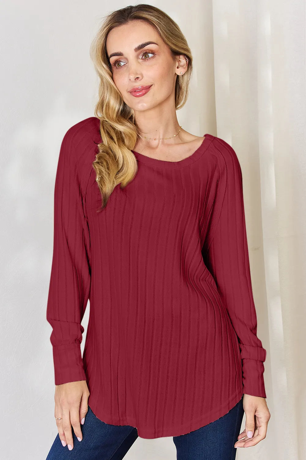 Basic Bae Full Size Ribbed Round Neck Slit T-Shirt Deep Red Fitggins