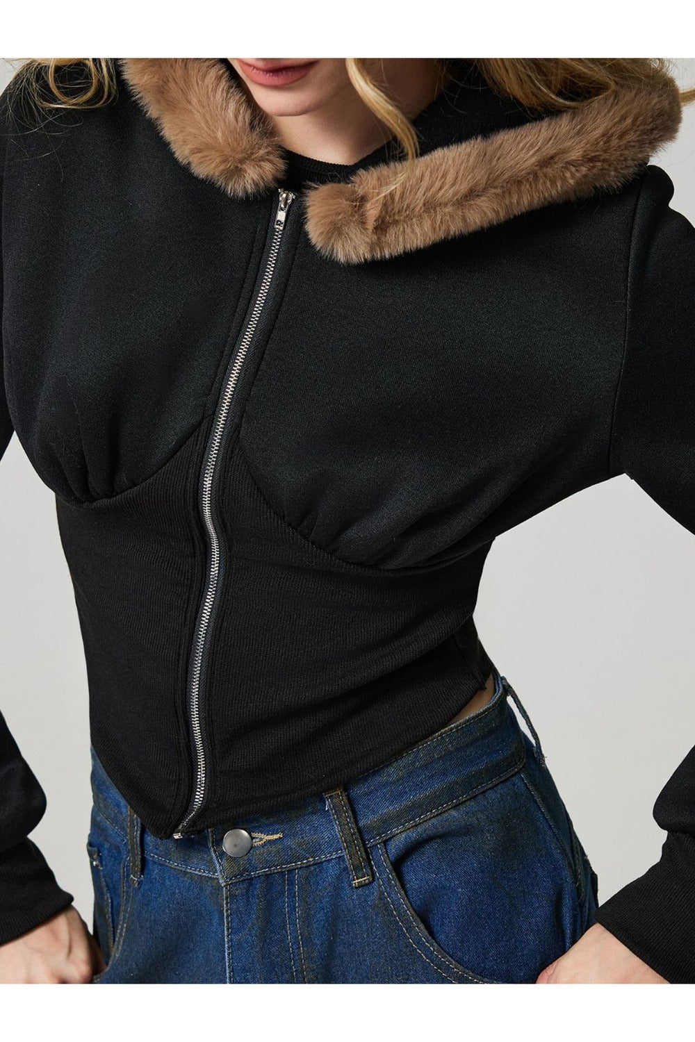 Zip Up Long Sleeve Fuzzy Hem Hooded Jacket - Jackets - FITGGINS