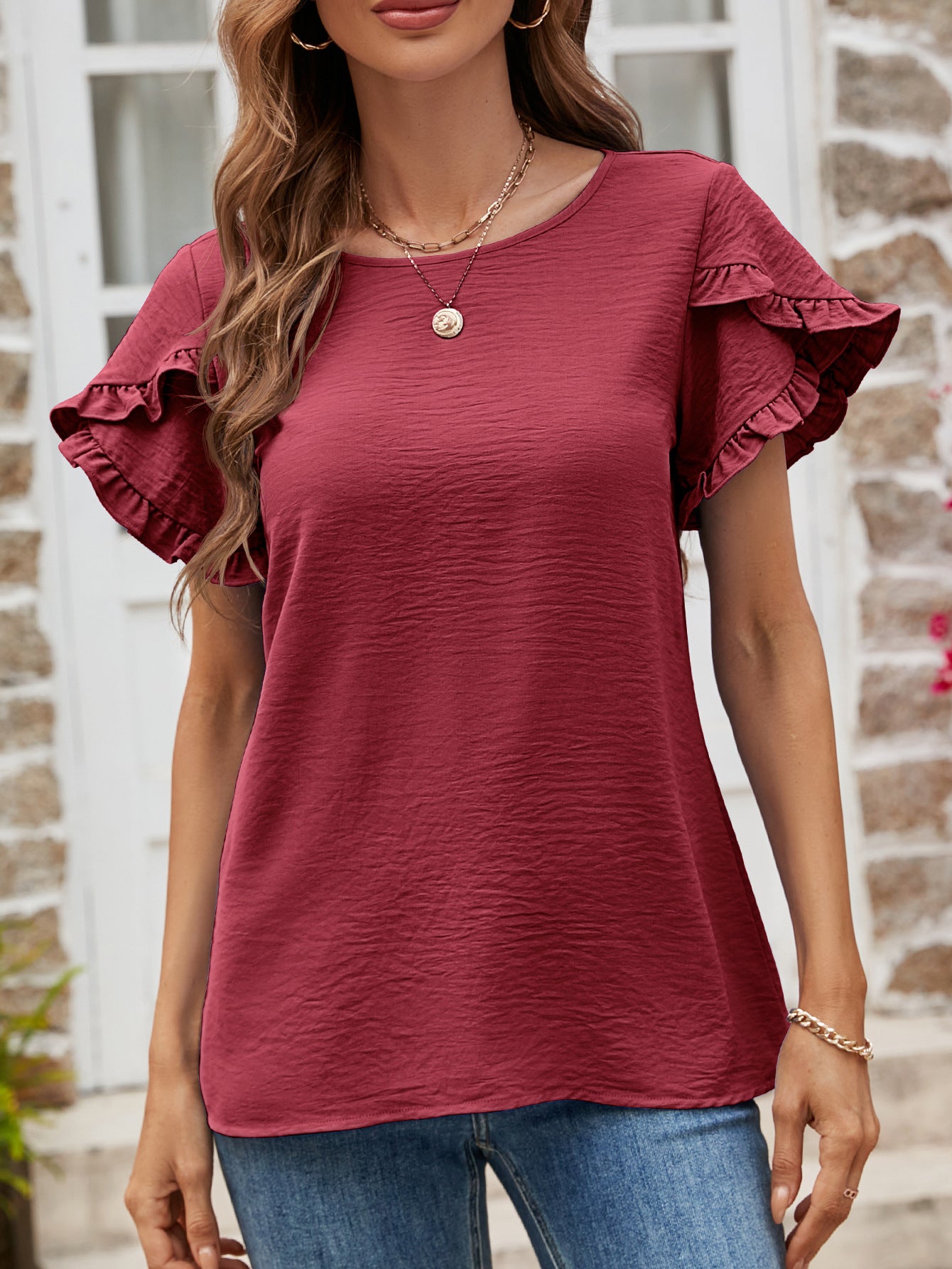 Textured Petal Sleeve Round Neck Tee Fitggins