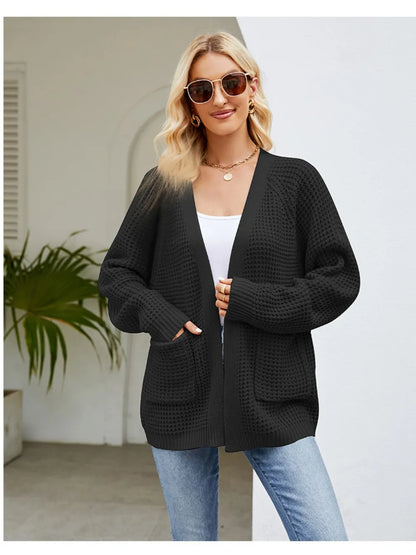 Open Front Raglan Sleeve Pocketed Cardigan Black Fitggins