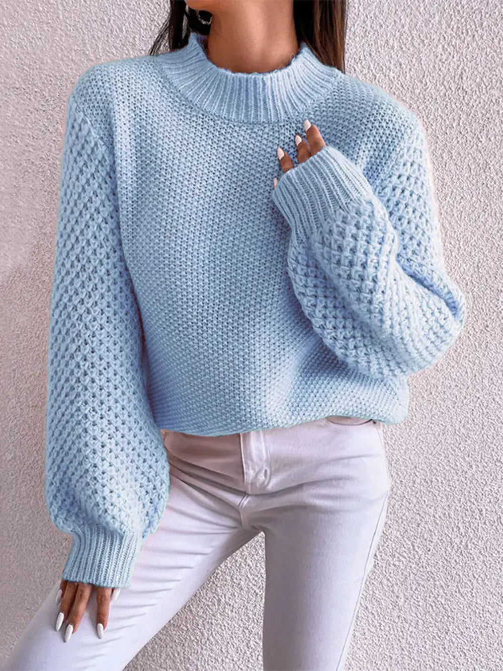 Openwork Mock Neck Long Sleeve Sweater Pastel Blue Fitggins