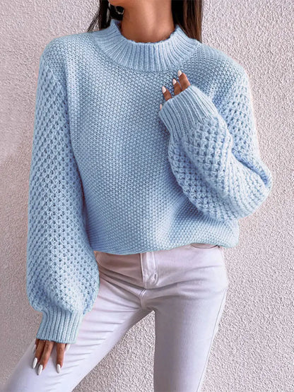 Openwork Mock Neck Long Sleeve Sweater Pastel Blue Fitggins