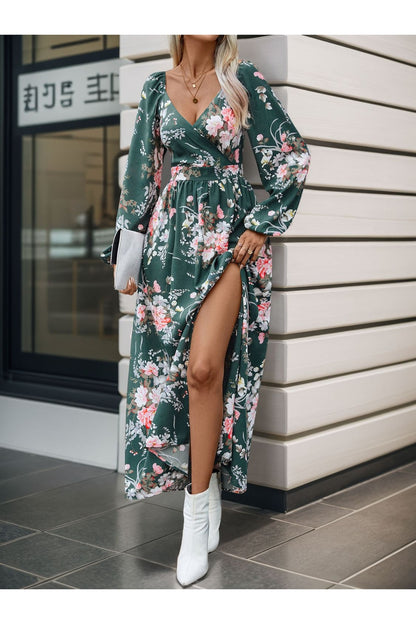 Perfee Slit Printed Surplice Long Sleeve Maxi Dress - Casual & Maxi Dresses - FITGGINS