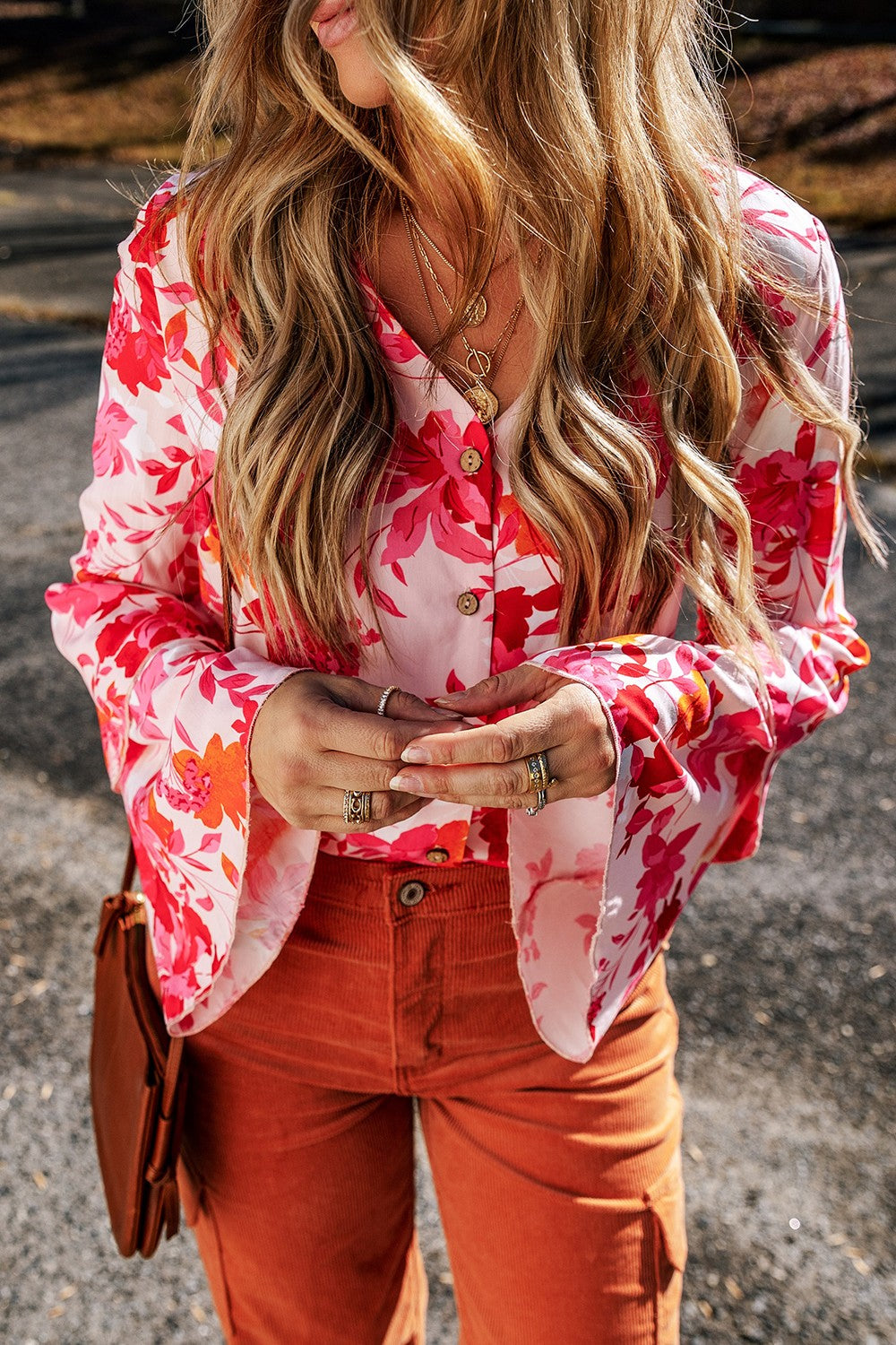 Floral Flare Sleeve Button Up V-Neck Bodysuit - Bodysuits - FITGGINS