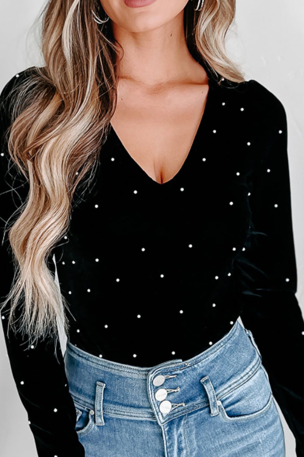 Pearl Detail Velvet V-Neck Long Sleeve Bodysuit - Bodysuit - FITGGINS