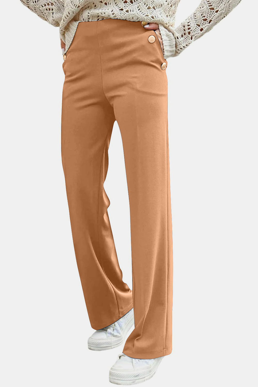 Decorative Button High Rise Pants - Pants - FITGGINS