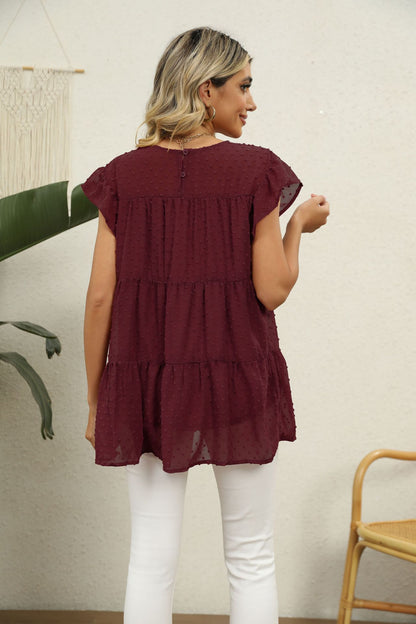 Swiss Dot Round Neck Tiered Blouse Fitggins