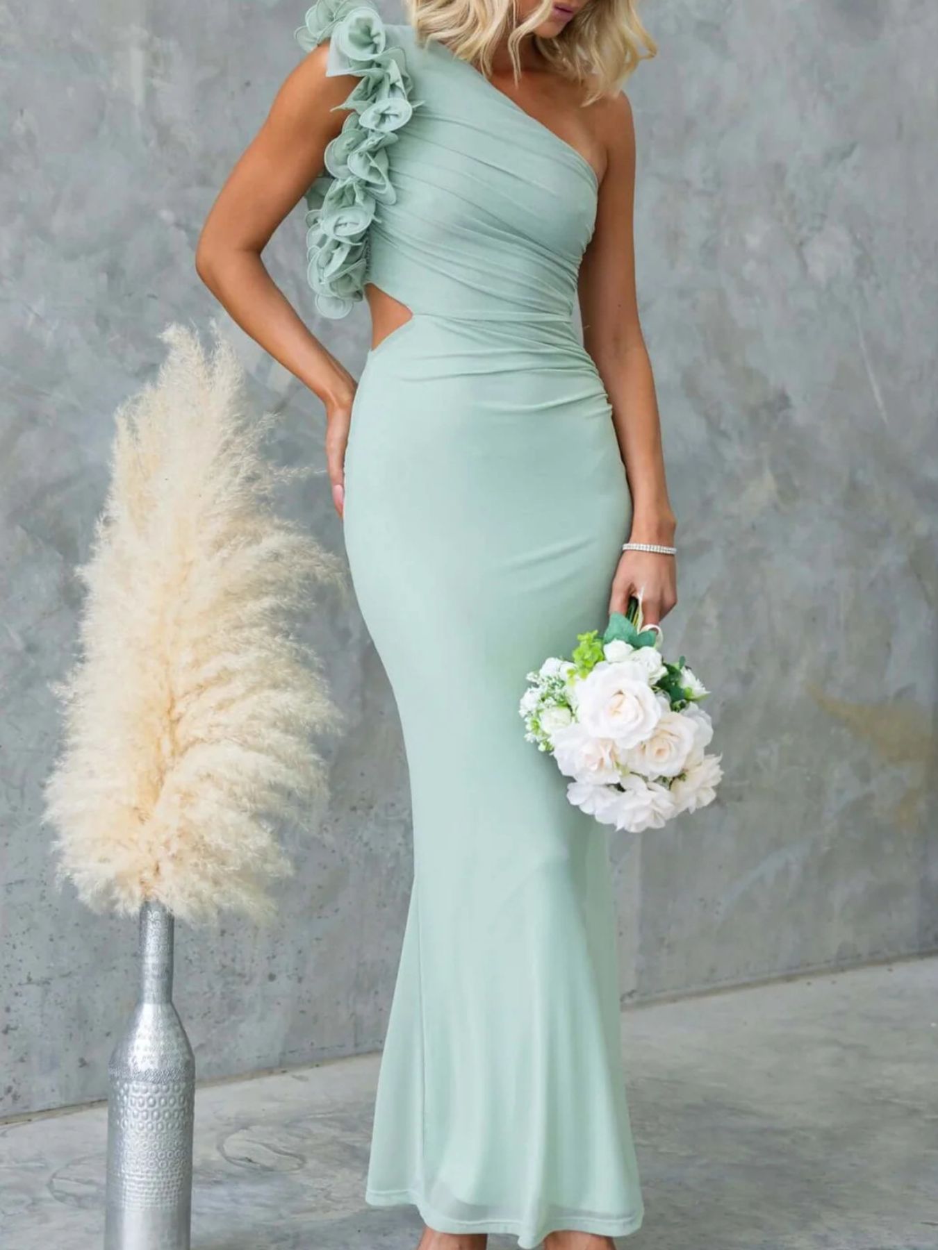 One-Shoulder Floral Trim Sleeveless Maxi Dress Green Fitggins