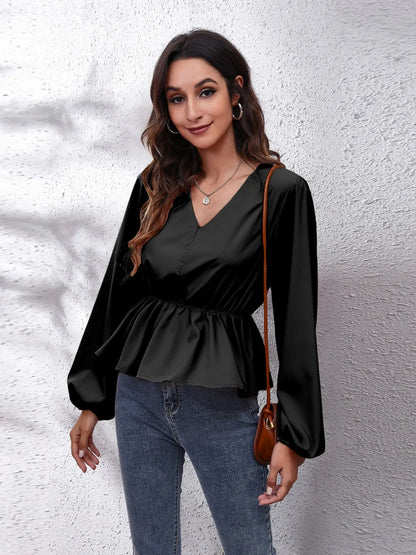 V-Neck Balloon Sleeve Peplum Blouse Black Fitggins