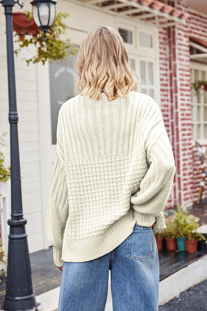 Ribbed Drop Shoulder Lantern Sleeve Sweater - Pullover Sweaters - FITGGINS