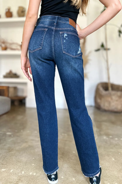 Judy Blue Full Size High Waist Rigid Magic Heavy Destroy Straight Jeans Fitggins
