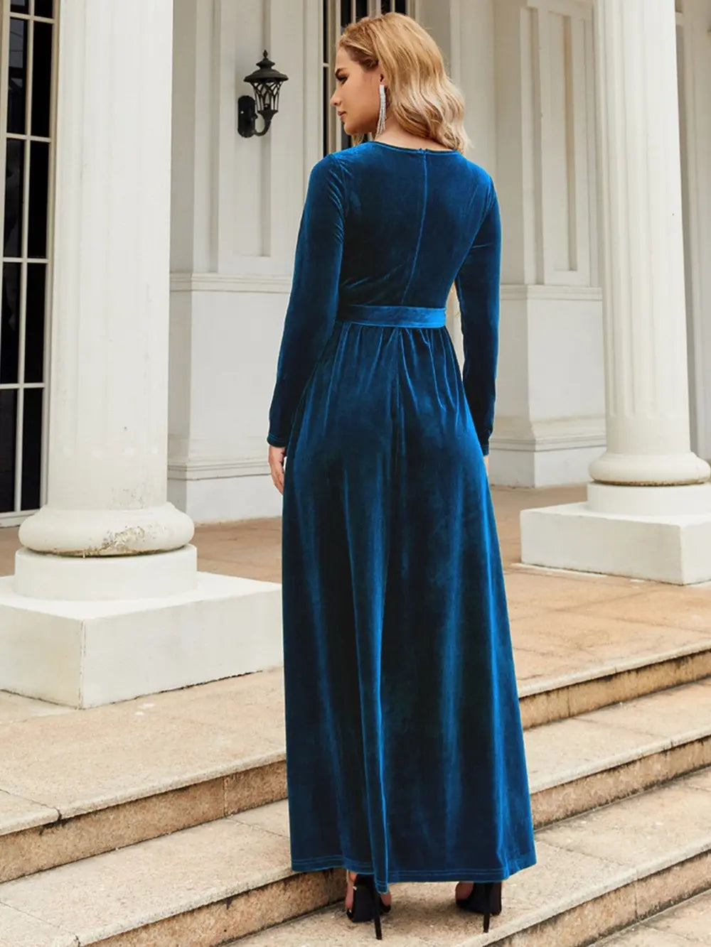 Tie Front Round Neck Long Sleeve Maxi Dress Fitggins