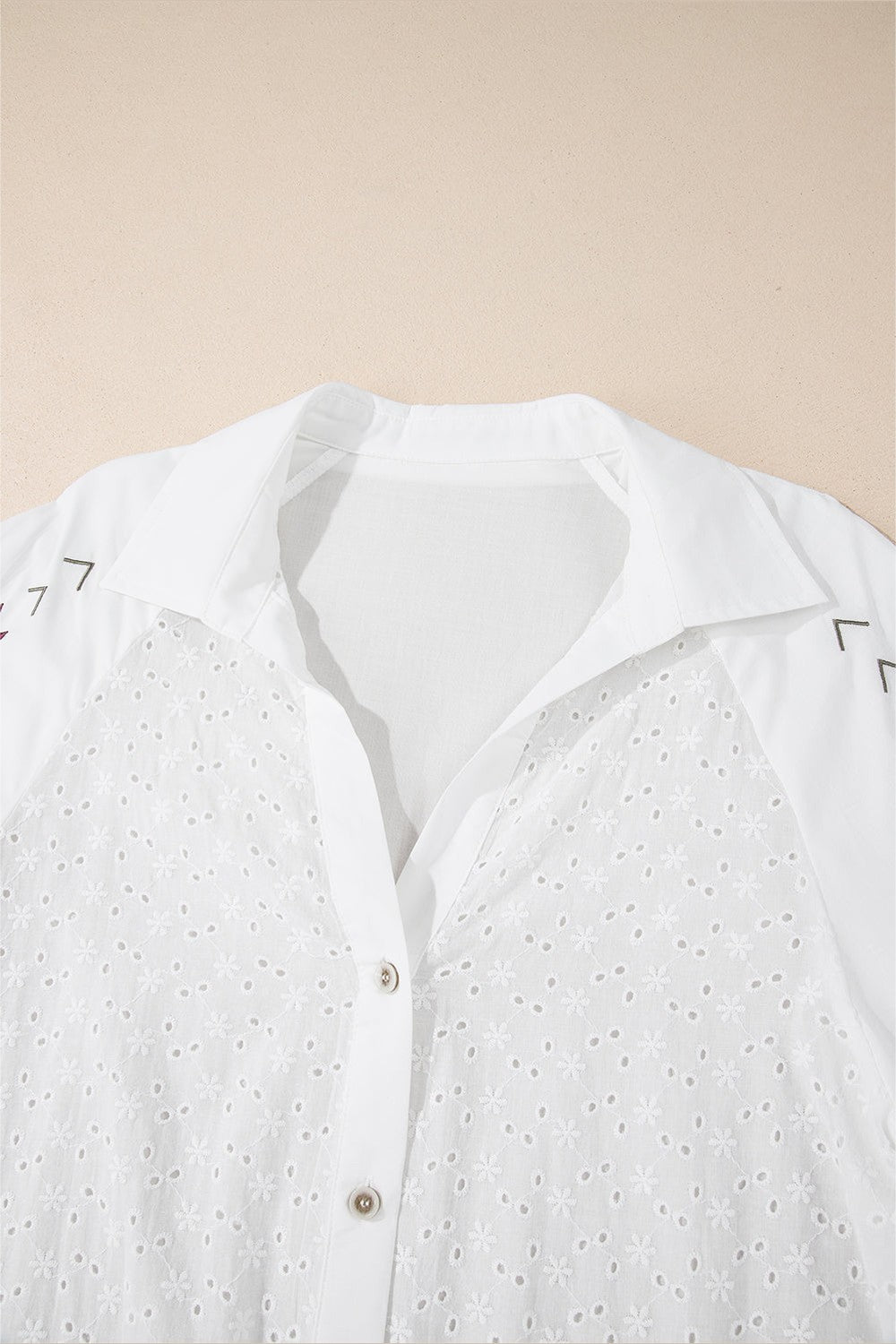 Embroidered Eyelet Collared Long Sleeve Shirt Fitggins