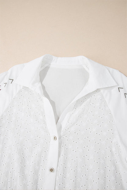 Embroidered Eyelet Collared Long Sleeve Shirt Fitggins