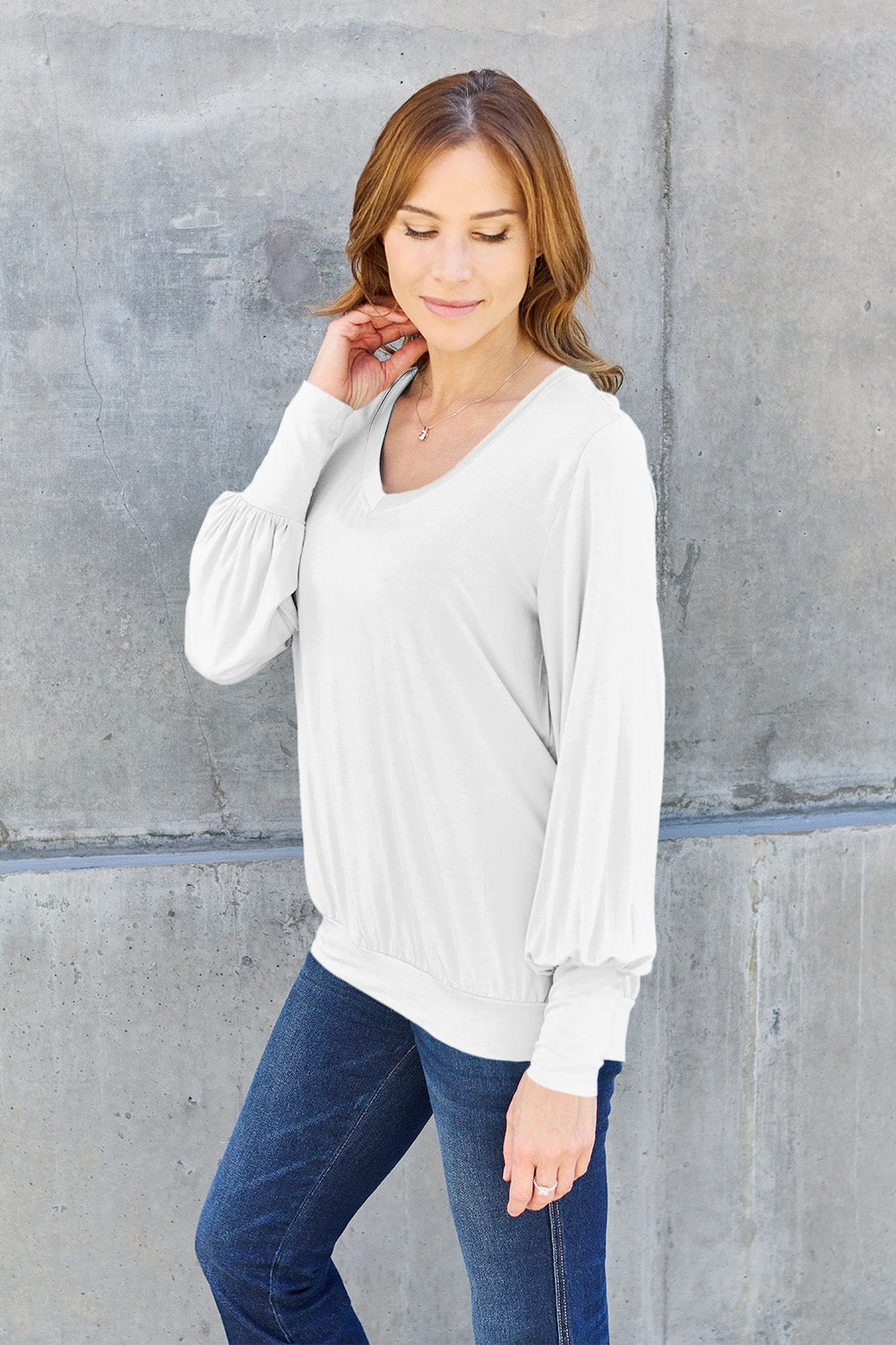 Basic Bae Full Size V-Neck Lantern Sleeve Top - T-Shirts - FITGGINS