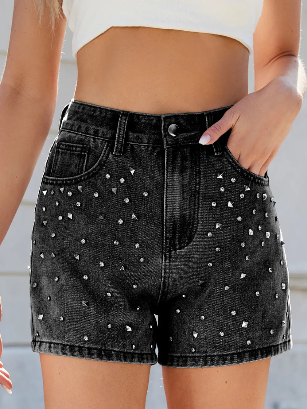 Rhinestone Washed High Waist Denim Shorts Fitggins