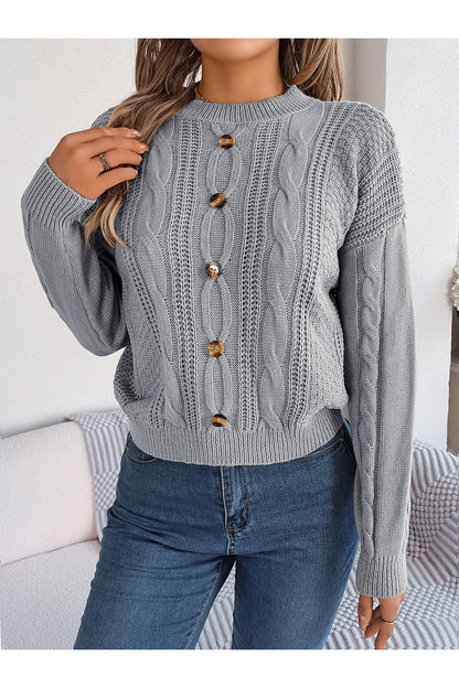 Cable-Knit Buttoned Round Neck Sweater - Pullover Sweaters - FITGGINS