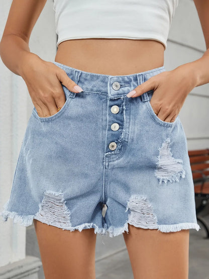 Distressed Raw Hem Denim Shorts Light Blue Fitggins