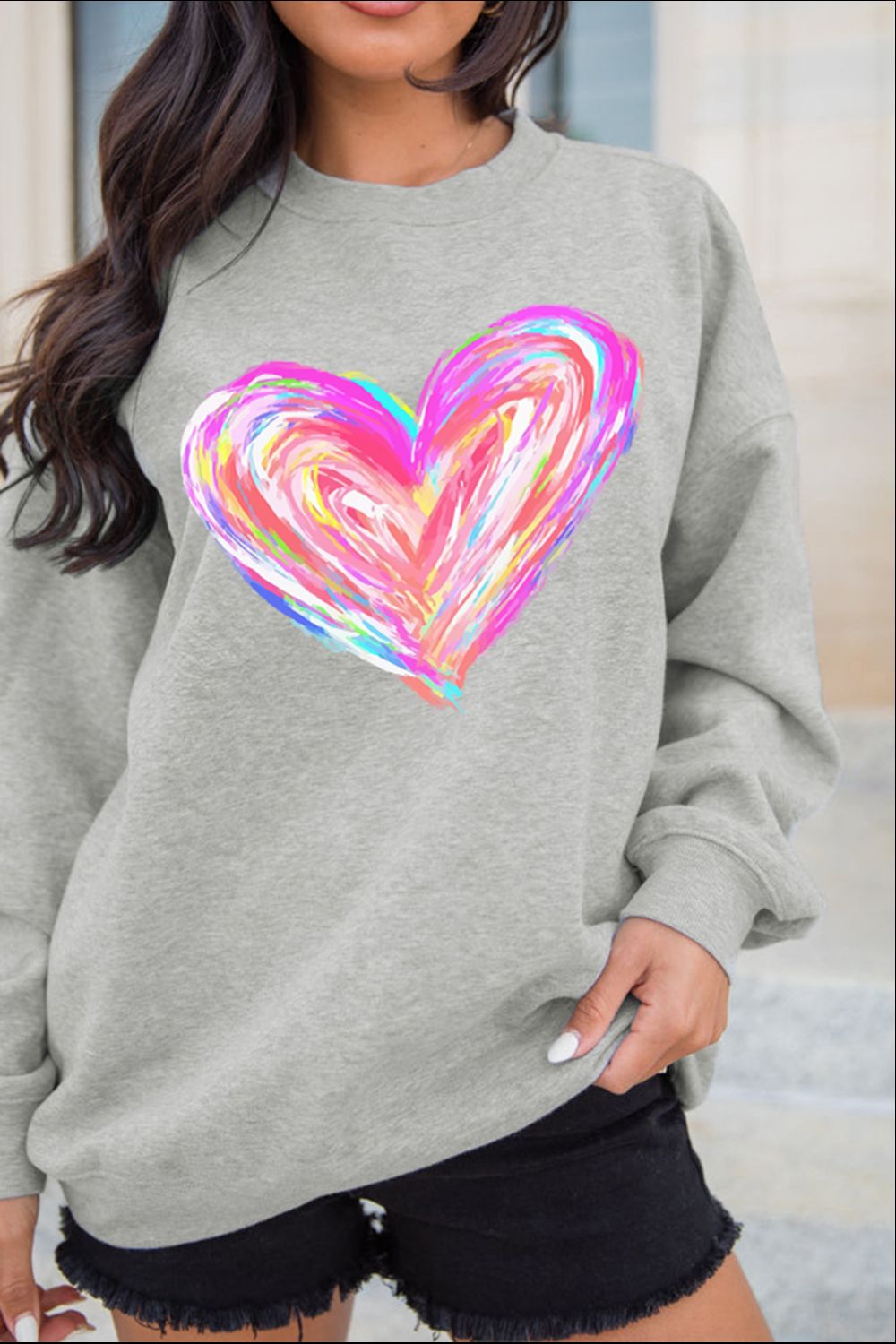 Valentine’s Day Heart Round Neck Drop Shoulder Sweatshirt - Sweatshirts & Hoodies - FITGGINS