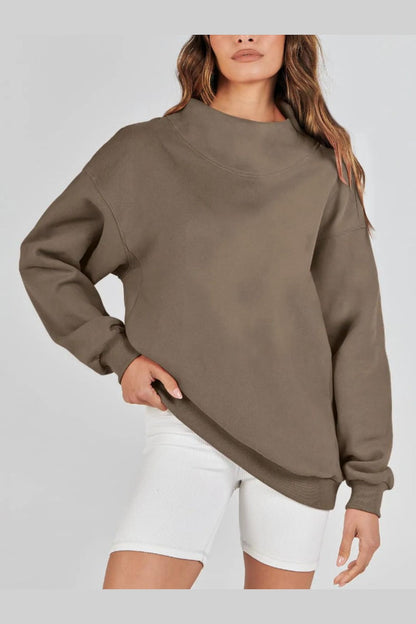 Mock Neck Drop Shoulder Long Sleeve Sweatshirt - Sweatshirts & Hoodies - FITGGINS