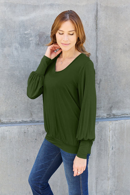 Basic Bae Full Size V-Neck Lantern Sleeve Top - T-Shirts - FITGGINS