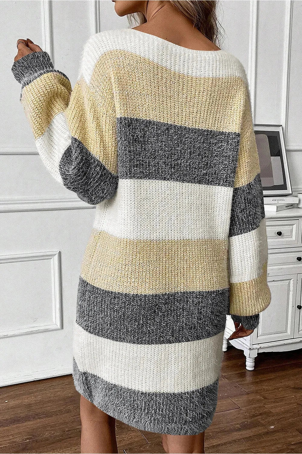 Color Block Boat Neck Long Sleeve Sweater Dress - Sweater Dresses - FITGGINS