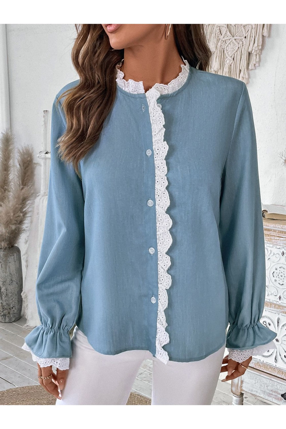 Perfee Lace Detail Button Down Long Sleeve Shirt - Shirts - FITGGINS