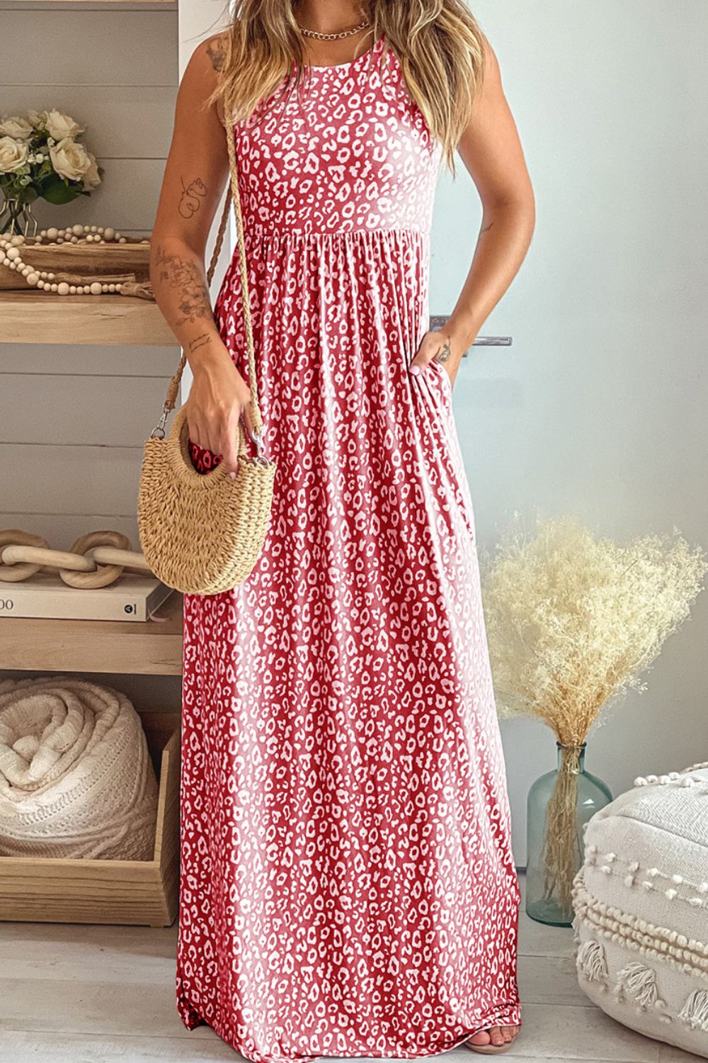 Leopard Round Neck Sleeveless Maxi Dress - Casual & Maxi Dresses - FITGGINS