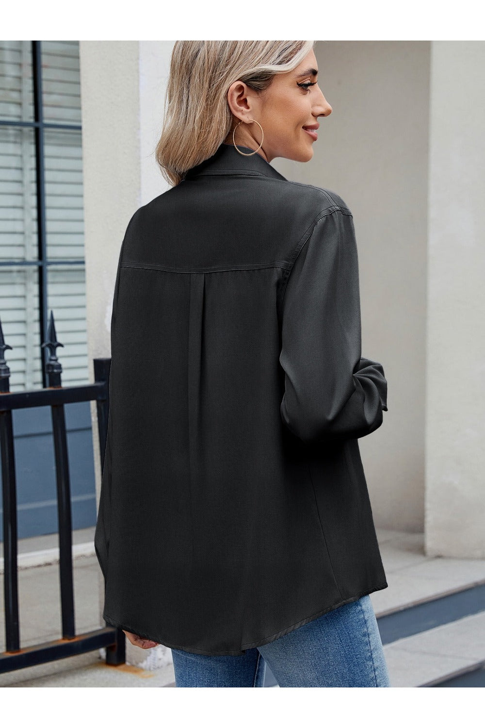 Solid Color Collared Neck Long Sleeve Shirt Fitggins