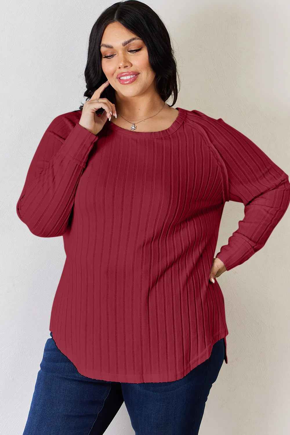 Basic Bae Full Size Ribbed Round Neck Slit T-Shirt Fitggins