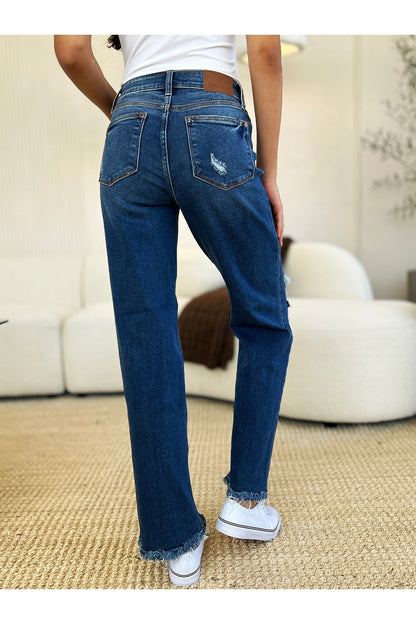 Judy Blue Full Size Mid Rise Distressed Raw Hem Jeans - Jeans - FITGGINS