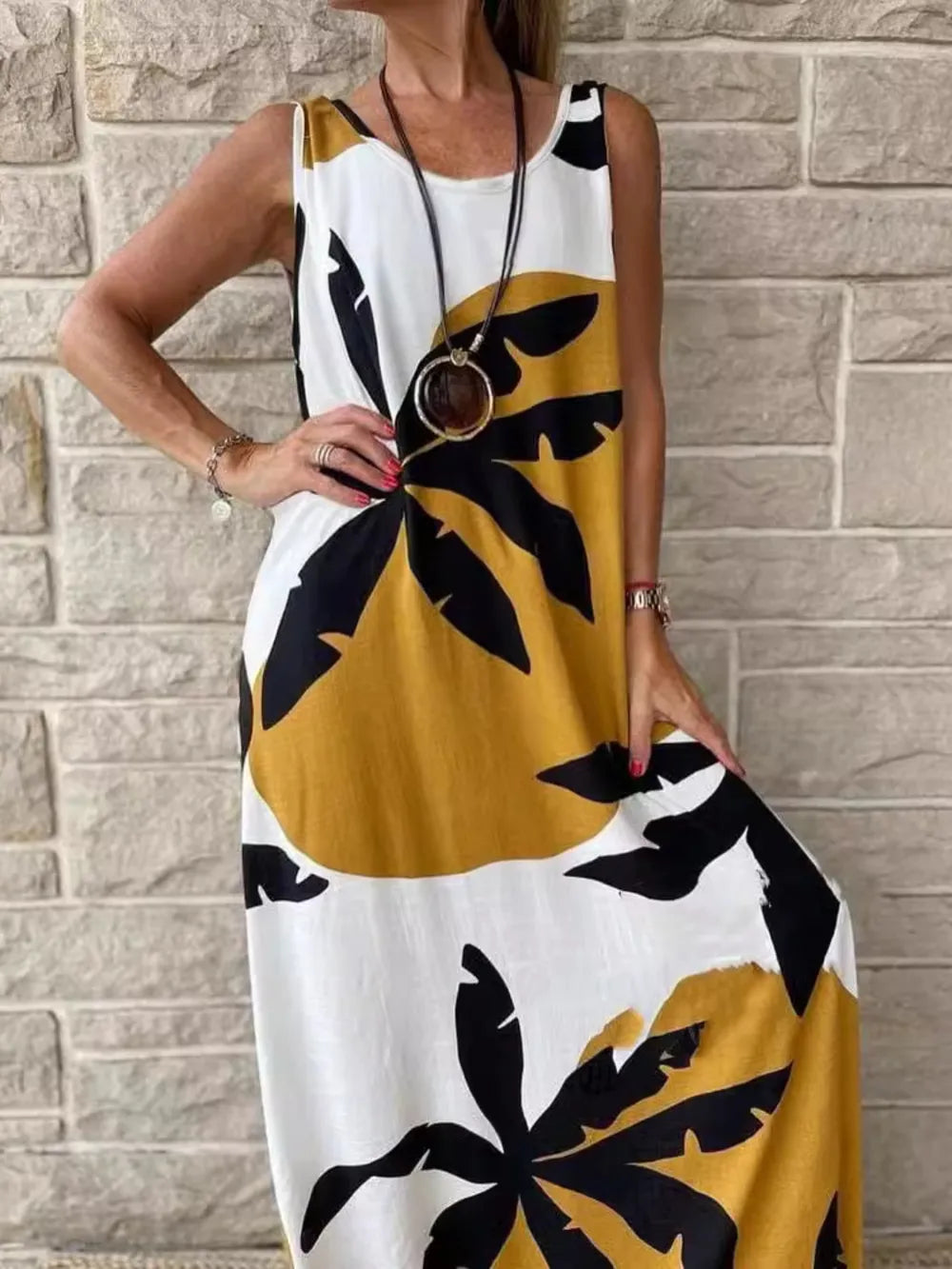 Printed Round Neck Mini Tank Dress Fitggins