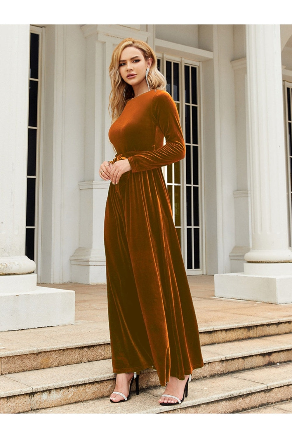 Tie Front Round Neck Long Sleeve Maxi Dress - - FITGGINS