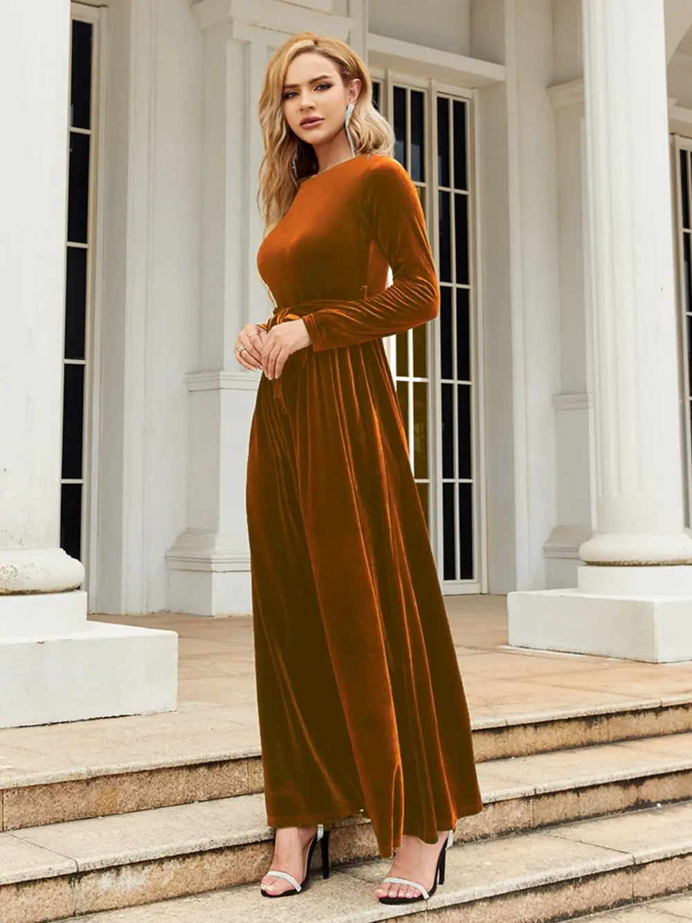 Tie Front Round Neck Long Sleeve Maxi Dress Fitggins