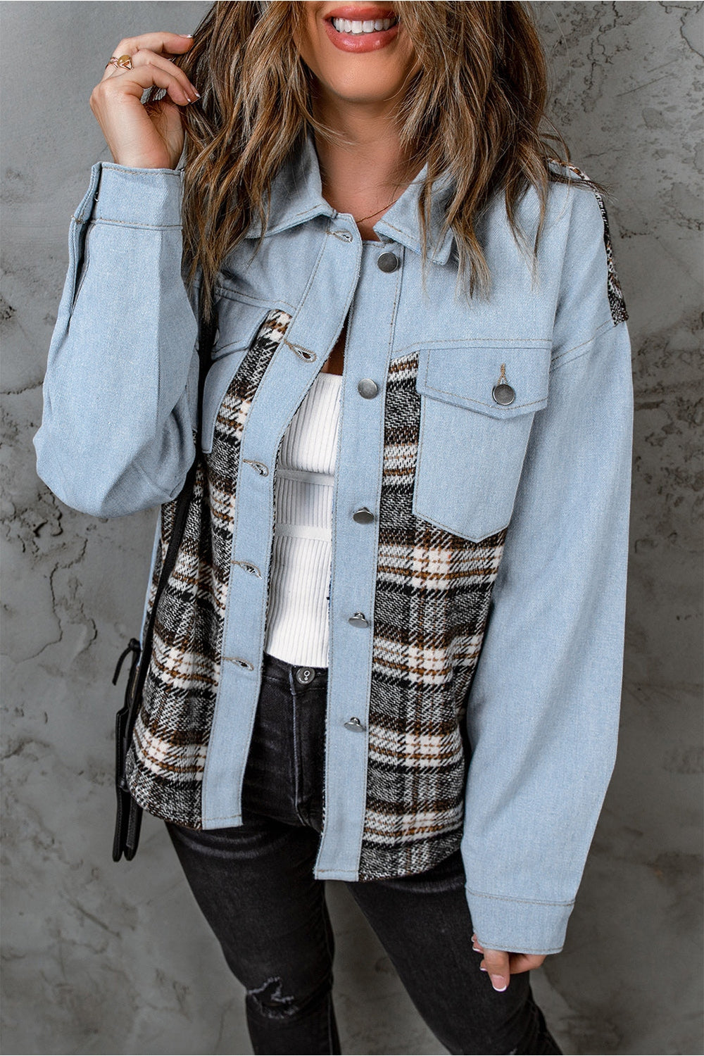 Plaid Pocketed Button Up Denim Jacket - Denim Jackets - FITGGINS