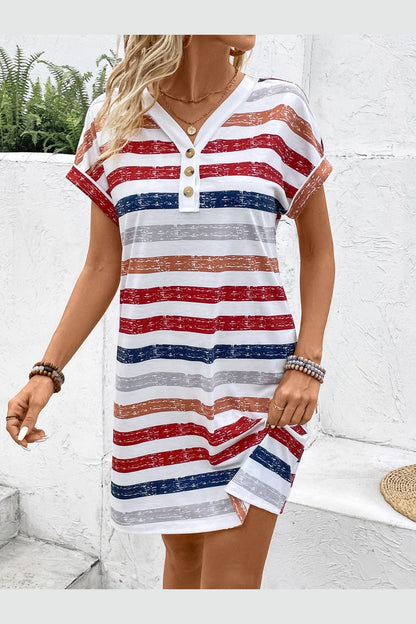 Striped V-Neck Short Sleeve Dress - Casual & Maxi Dresses - FITGGINS