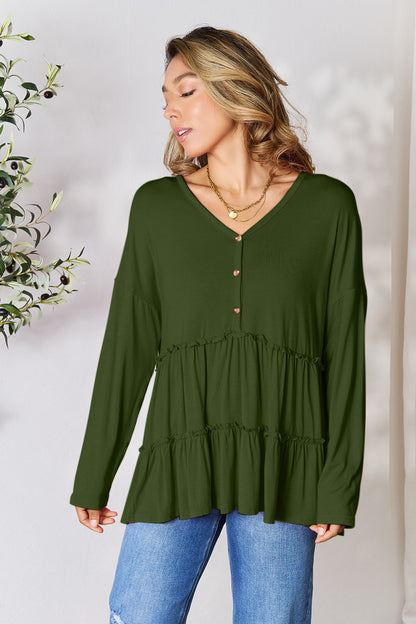 Double Take Half Button Long Sleeve Ruffle Hem Blouse - Blouses - FITGGINS