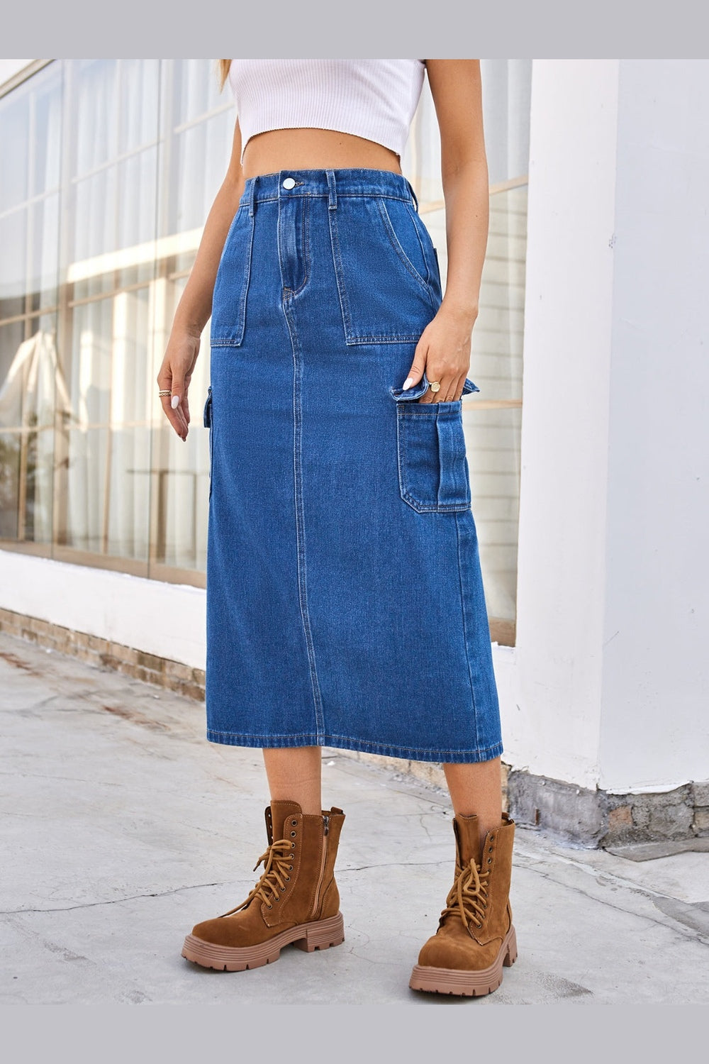 Slit Midi Denim Skirt with Pockets - Shirts - FITGGINS